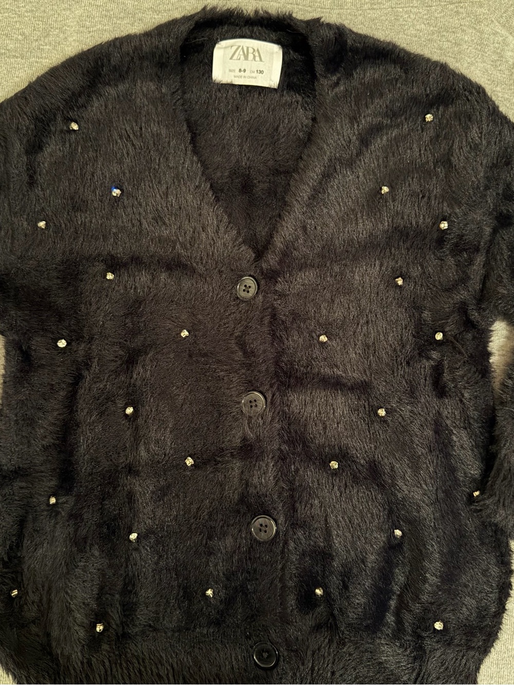 Zara Black Faux Fur V-Neck Cardigan - Girls